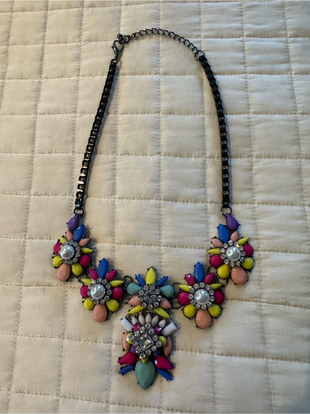 Multicolor Floral Bib Necklace with Pearl Accents